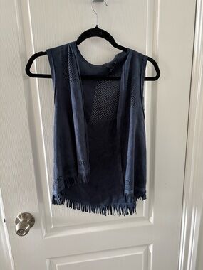 Fringed Navy Suede Open Front Tunic Vest